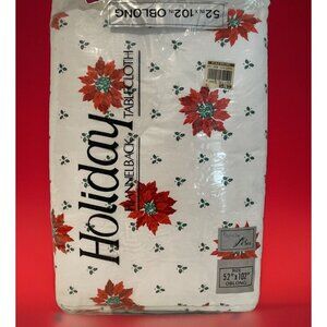 Vintage Lisa Holiday Vinyl Flannel Back TABLECLOTH Oblong 52X102" Poinsettia NEW